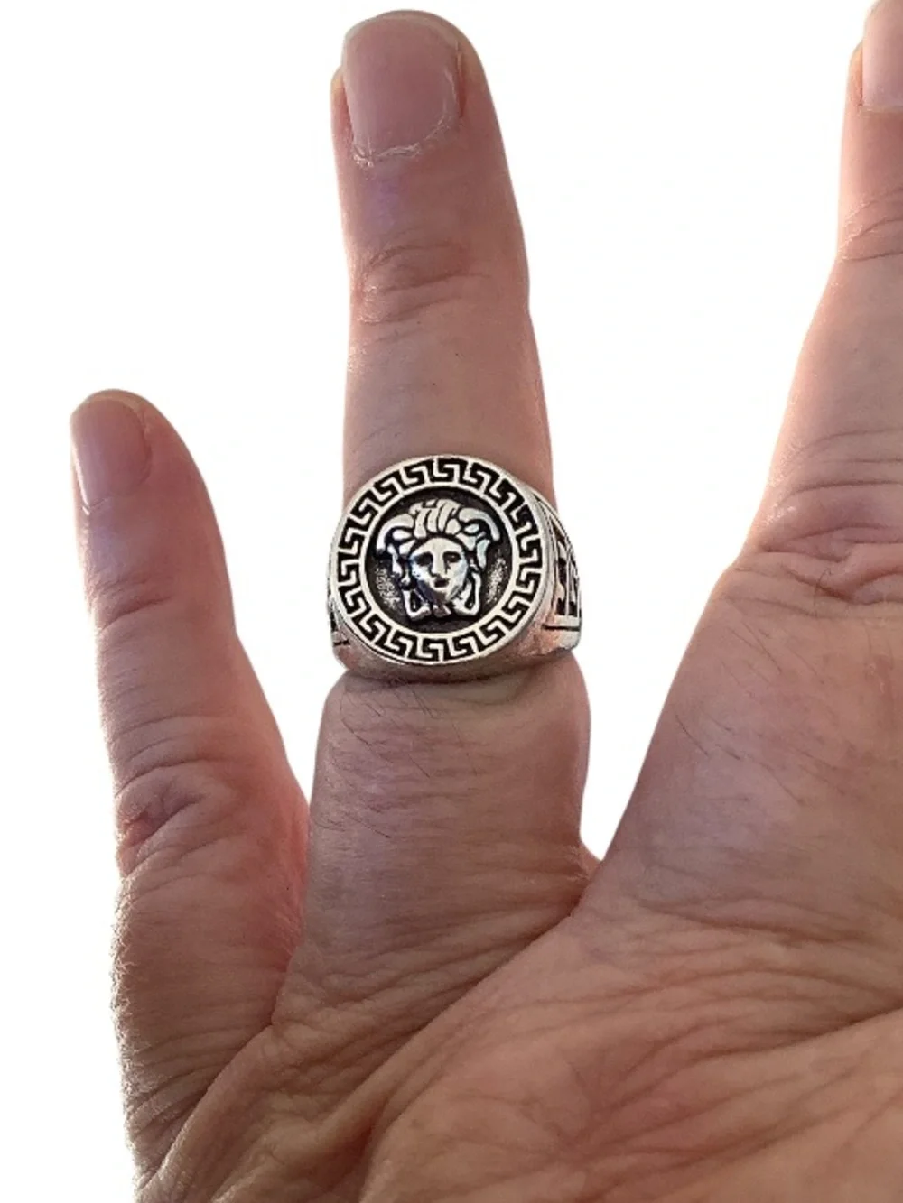 Silver tone Greek Medusa Signet Ring